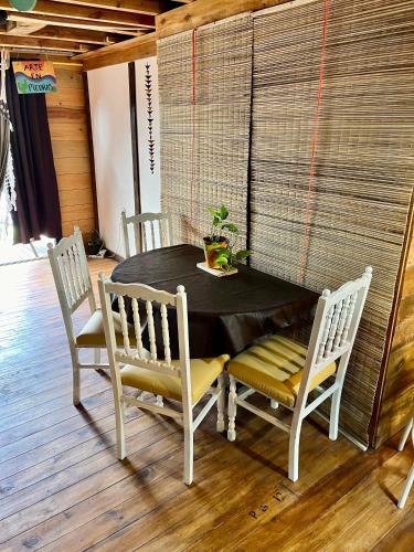 a black table with chairs and a plant on it at Cabaña soles in Manuel Alberti