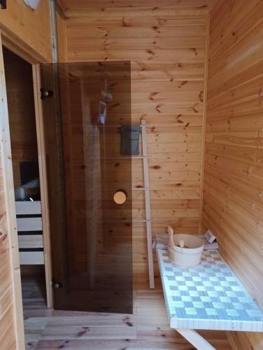 a sauna with a shower in a wooden wall at Tinyhaus Arendsee in Seenähe in Arendsee