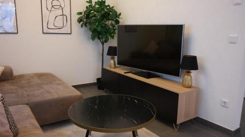 a living room with a flat screen tv and a couch at Exclusives, urbanes 3-Zimmer Appartement in Nürnberg