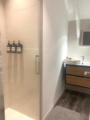 une douche avec une porte vitrée dans une salle de bain dans l'établissement Lady of the Lake, à Huelgoat