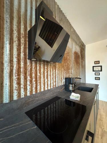 a kitchen with a black counter top and a television at Studio Lumière, 6 min du Zoo in Saint-Aignan