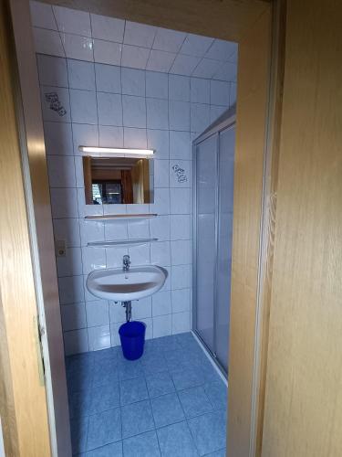 a bathroom with a sink and a shower at Jugendgästehaus Hinterronach in Saalbach-Hinterglemm