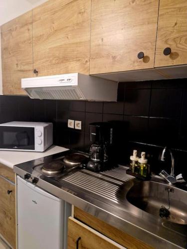 une cuisine avec une cuisinière, un évier et un micro-ondes dans l'établissement Charmant Studio au Cœur de Boulogne avec jardin, à Boulogne-Billancourt