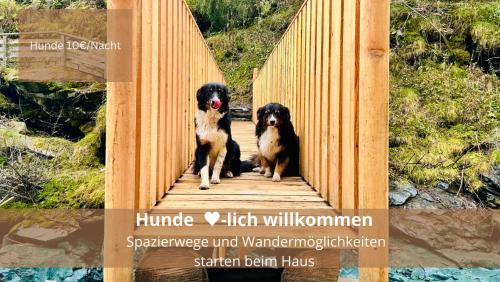 two dogs are standing on a wooden bridge at Chalet WaldHäusl luxuriöse Ferienwohnungen mit Sauna & Whirlpool, Kamin, Balkon oder Terrasse mit Bergblick in Heiligenblut