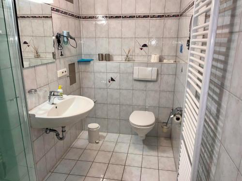 un bagno bianco con lavandino e WC di Ferienanlage Freyenhöfe a Baiersbronn