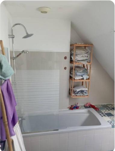 La salle de bains est pourvue d'une baignoire avec douche et d'une étagère. dans l'établissement Maison de famille proche de la mer, à Lannilis