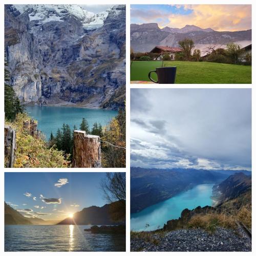 a collage of different photos of mountains and water at Ferienwohnung Sonnenseite Brienz in Brienz
