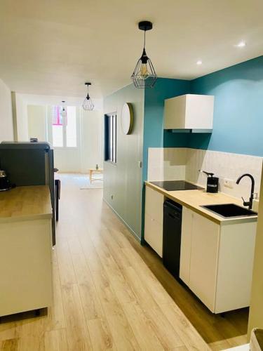 Il comprend une cuisine avec des murs blancs et verts et du parquet. dans l'établissement Charmant 2 pièces, hyper centre Mâcon, à Mâcon