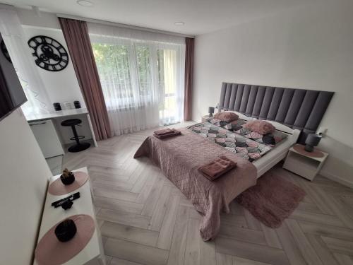 a bedroom with a large bed and a large window at Apartament Premium Tarnów in Tarnów