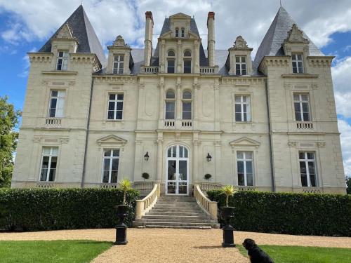 un chien assis devant un grand bâtiment dans l'établissement Château du Maurier, à La Fontaine-Saint-Martin