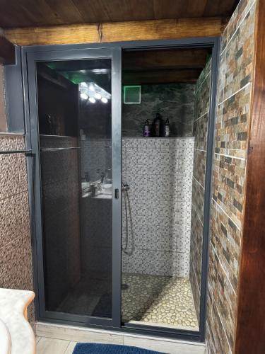 a shower in a bathroom with a glass door at Victoria Tiny Stone House in Ponta do Pargo