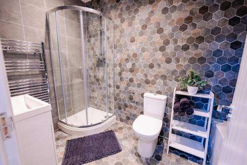 a bathroom with a shower and a toilet and a sink at LUXURY SPACIOUS 2-BED & High Ceiling in Cardiff