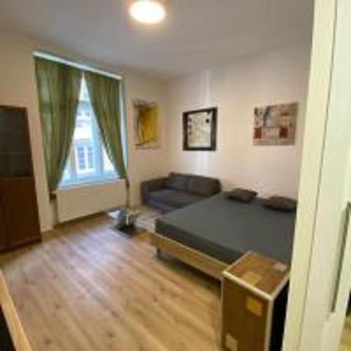 a bedroom with a bed and a couch in it at MINATO Apartments Ostrava center in Ostrava