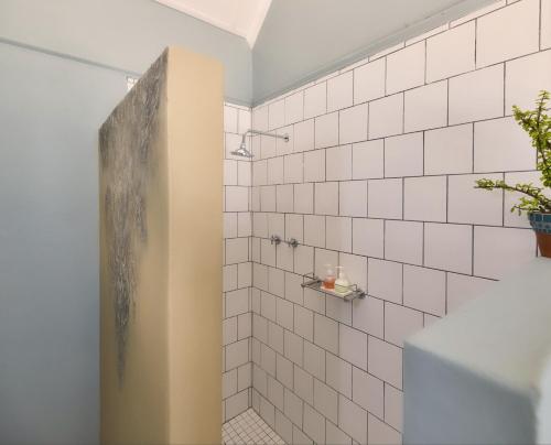 a bathroom with a shower with white tiles at Grace Courtyard Cottage in Bredasdorp