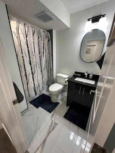 a bathroom with a toilet and a sink and a mirror at The Urban Nest in Calgary
