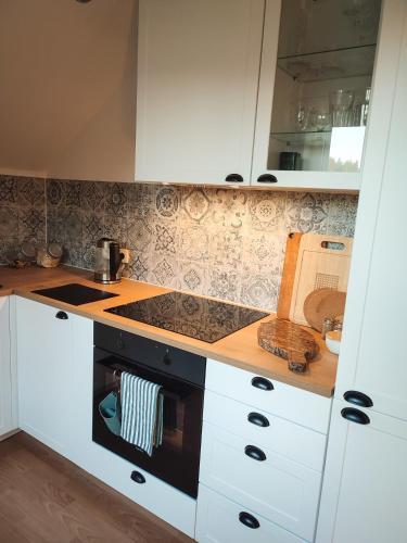 a kitchen with white cabinets and a stove top oven at Apartament Loft na Kaszubach - Laskowa Góra Bieszkowice in Bieszkowice