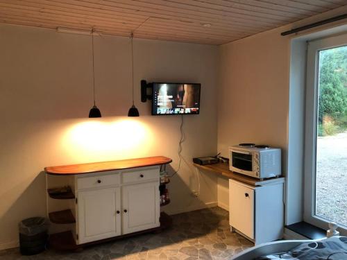 a kitchen with a counter with a microwave on the wall at Zoo apartment tæt på Legoland, Lego-house, lalandia in Grindsted