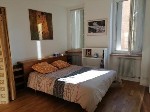 une chambre avec un lit avec deux oreillers dessus dans l'établissement Studio dans maison de ville, à Toulouse