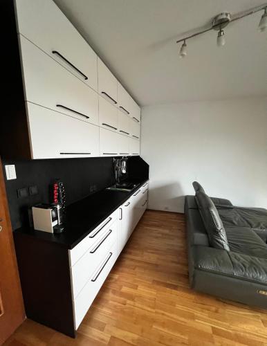 a room with a bed and white cabinets and a couch at Mattioliho Apartment in Prague