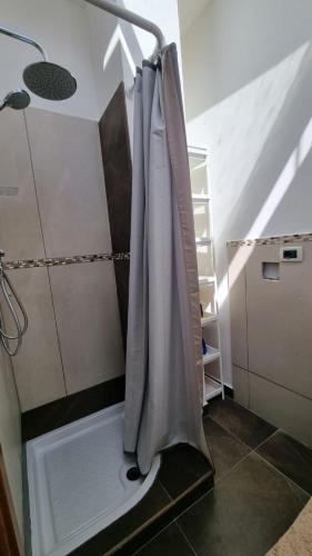 a shower with a shower curtain in a bathroom at La Dea Busa in Canosa di Puglia
