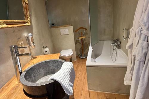 a bathroom with a tub and a shower and a toilet at La Fontaine du Sabotier in Awenne