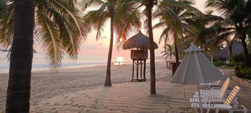 a beach with palm trees and a table and chairs at A pie de mar en zona hotelera, 1BR condo In Monarca Ixtapa, no pagas brazalete in Ixtapa