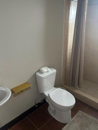 a bathroom with a white toilet and a sink at Preciosa casa, Antigua Guatemala in Antigua Guatemala