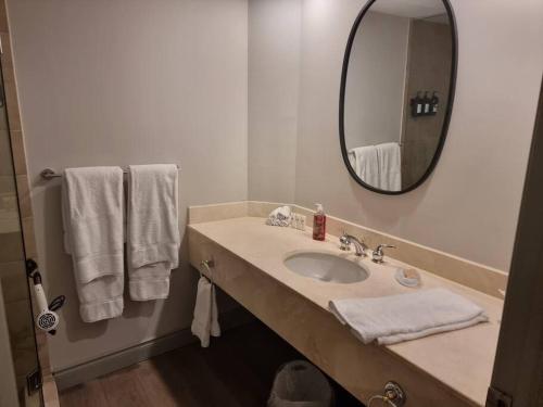 a bathroom with a sink and a mirror and towels at Country Retreat Horseshoe Valley in Shanty Bay
