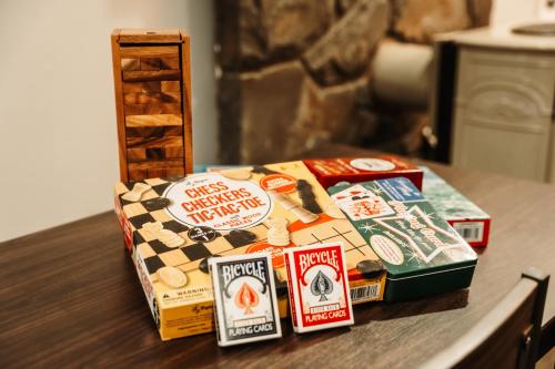 a box of food sitting on top of a table at Hunter Haven - Luxury Cabin Near Mountain Ski Resort in Lanesville