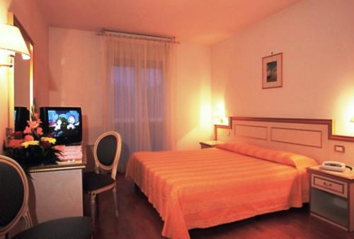 um quarto de hotel com uma cama e uma secretária com um computador em Hotel Park Venezia em Stra