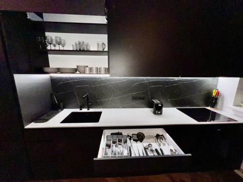 a kitchen with a sink and a counter withtools at Newly Renovated 1BR in Kaunas Downtown Central Location Fast WiFi in Kaunas