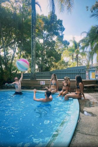 a group of people in a pool playing with a frisbee at Nomads Noosa in Noosa Heads