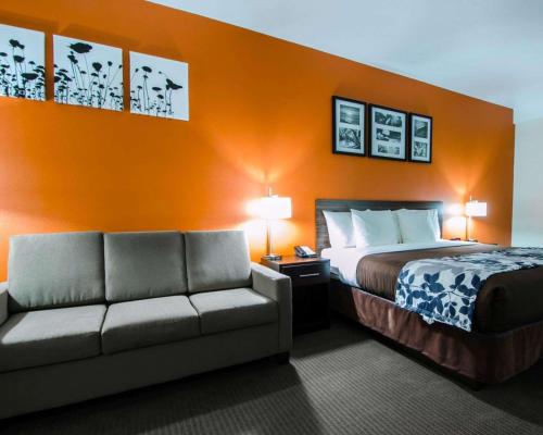 a hotel room with a bed and a couch at Sleep Inn & Suites And Conference Center Downtown in Indianapolis