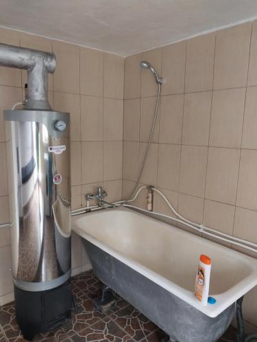 a bath tub in a bathroom with a water fountain at RETREAT MOUNTAIN CASA TRADIȚIONALĂ,Roşia Montana in Roşia Montană