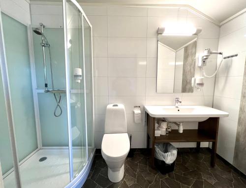 a bathroom with a toilet and a sink and a shower at Lakselv Hotel in Lakselv