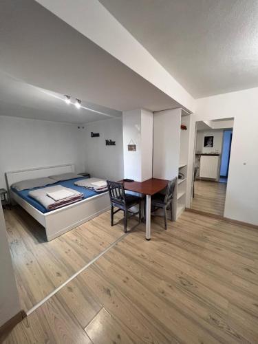a bedroom with a bed and a desk and a table at Ubytovani Na Hrazi 91 in Znojmo