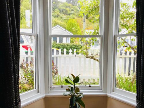 a window with a view of a white fence at In Dunedin's Heart, Full House, Full Sun, Full Chill, Why Stay at a Hotel When You Can Afford an Entire House in Dunedin
