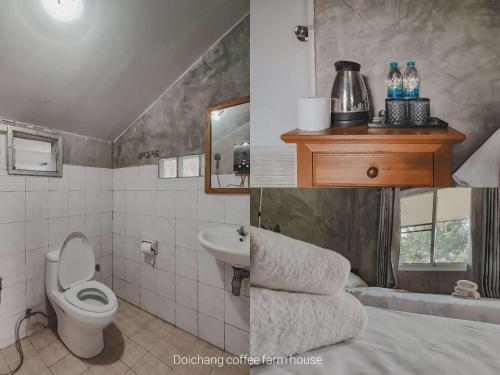 zwei Bilder eines Badezimmers mit Toilette und Waschbecken in der Unterkunft DC Farm House in Ban Huai Khai