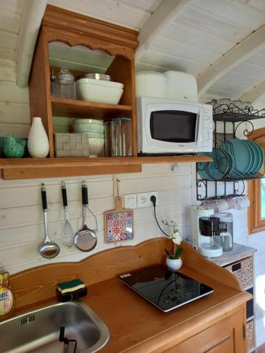 une cuisine avec un évier et un micro-ondes dans l'établissement Roulotte de charme, à Villers-sur-Authie