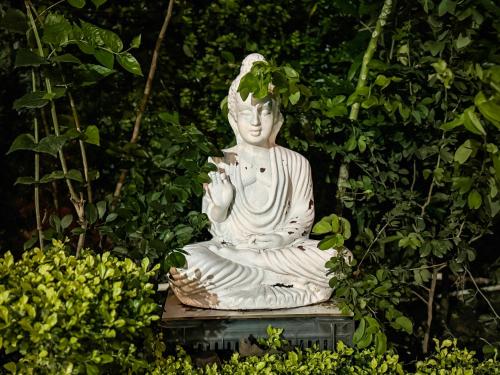 a statue of a person sitting in a meditation pose at Arogyadham Wellness Retreat in Rishīkesh