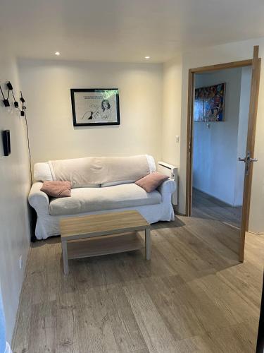 un salon avec un canapé blanc et une table dans l'établissement cosy F2 proche Mer et Commerces, à Port Santa-Lucia