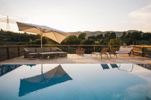 a pool with two chairs and a couch and an umbrella at Le Cerqueta in Castel Madama