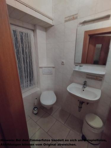 a bathroom with a toilet and a sink and a mirror at Pension Villa Brödel in Bad Blankenburg