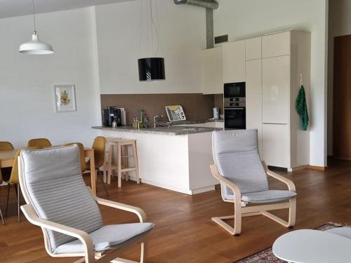 a living room with two chairs and a kitchen at Wonderful cozy apartment very well located in Gross Gurmels