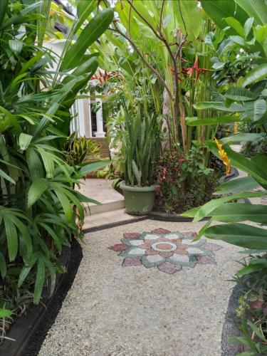 a garden with plants and a pathway with a flower painted on it at Lovina Garden Retreat in Lovina