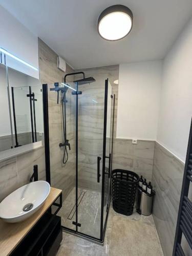 a bathroom with a glass shower and a sink at Wohlfühlen bei DG in Kassel