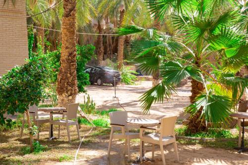 a group of tables and chairs in a park with palm trees at Résidence El Arich in Tozeur