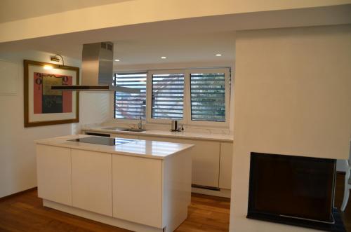 a kitchen with white cabinets and a sink and two windows at Delux apartment at Robida Estate in Dolenjske Toplice