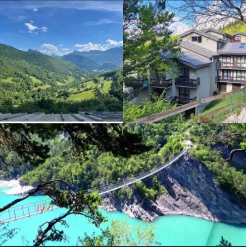 un collage d'images d'une rivière et d'un pont dans l'établissement Après ski, à Château-Bernard