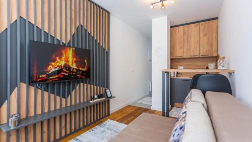 a living room with a fireplace with a tv on a wall at Aparthotel Phoenix in Bjelašnica
